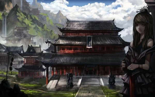 Anime Original Temple Mountain Waterfall HD Wallpaper | Background Image
