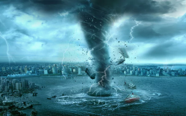 A dramatic sci-fi cityscape is engulfed by a swirling tornado, illuminated by bolts of lightning, creating an apocalyptic atmosphere over the turbulent waters.