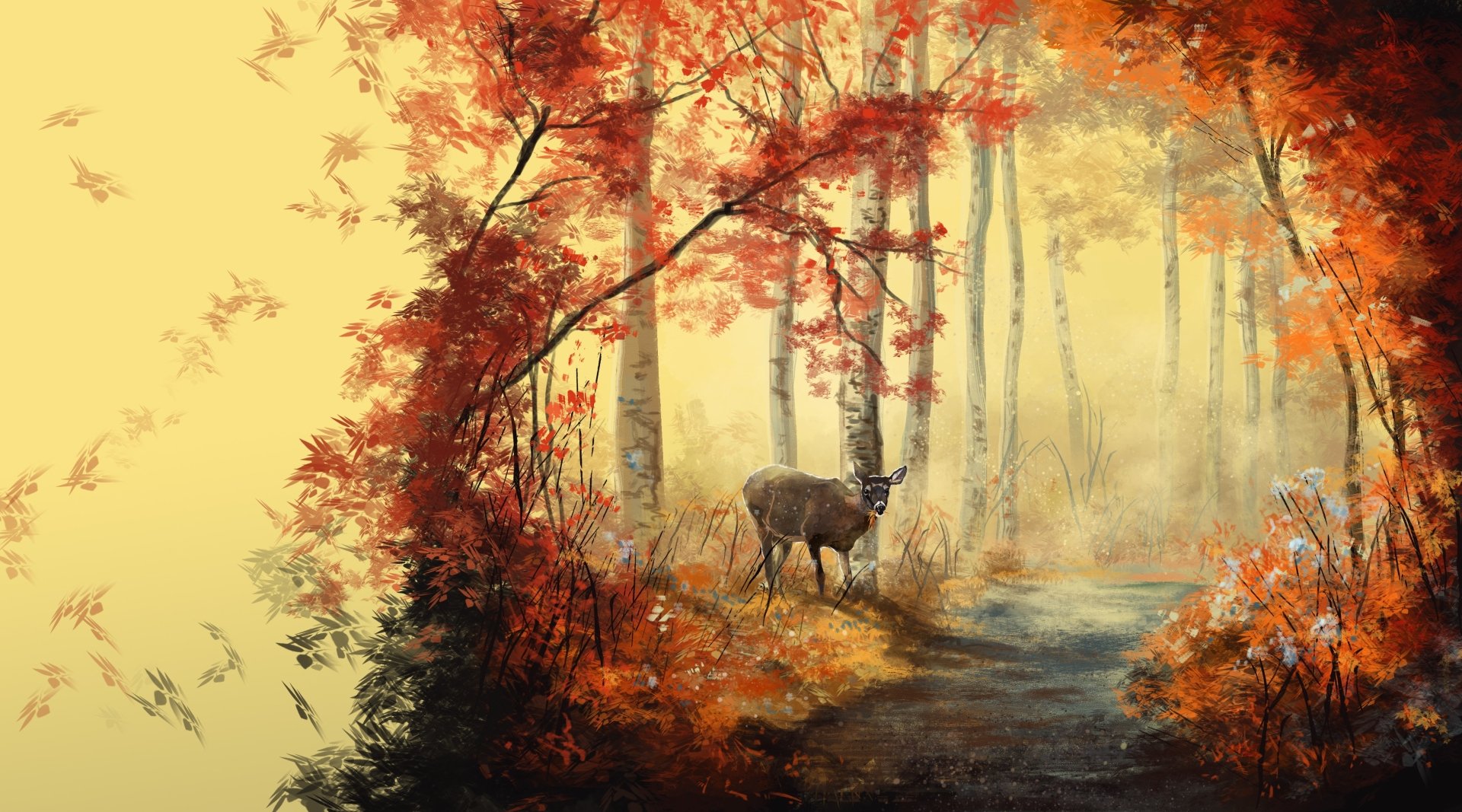 A 4K Ultra HD artistic painting of a forest road with vibrant autumn trees and a deer standing calmly in the misty background, creating a serene desktop wallpaper.
