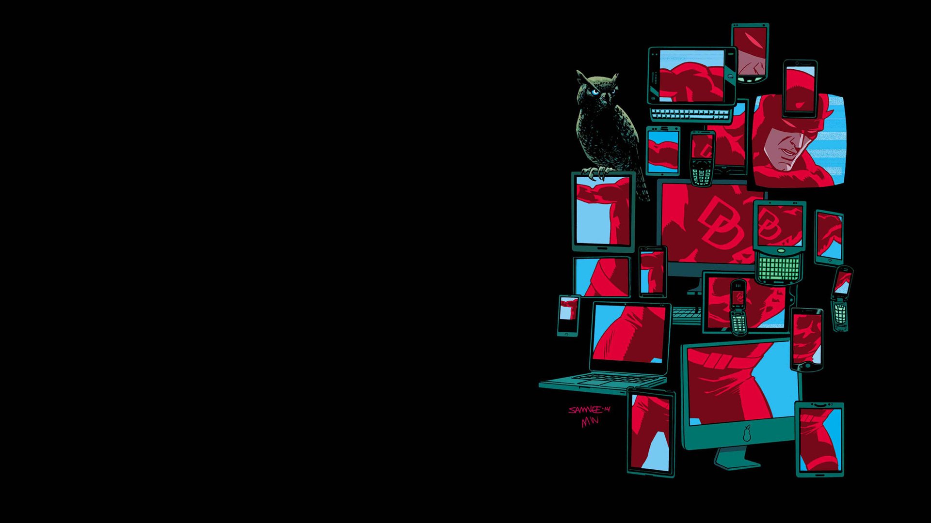 Comic Daredevil HD PC desktop wallpaper/background: stylized red Daredevil panels shown on stacked monitors against a stark black backdrop.