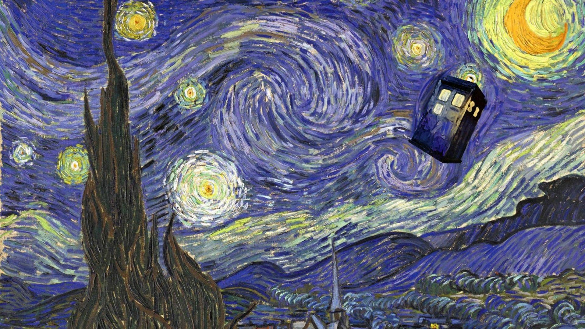 A captivating HD desktop wallpaper featuring the TARDIS from Doctor Who (2005) soaring through a starry night inspired by Vincent van Gogh's iconic artwork.