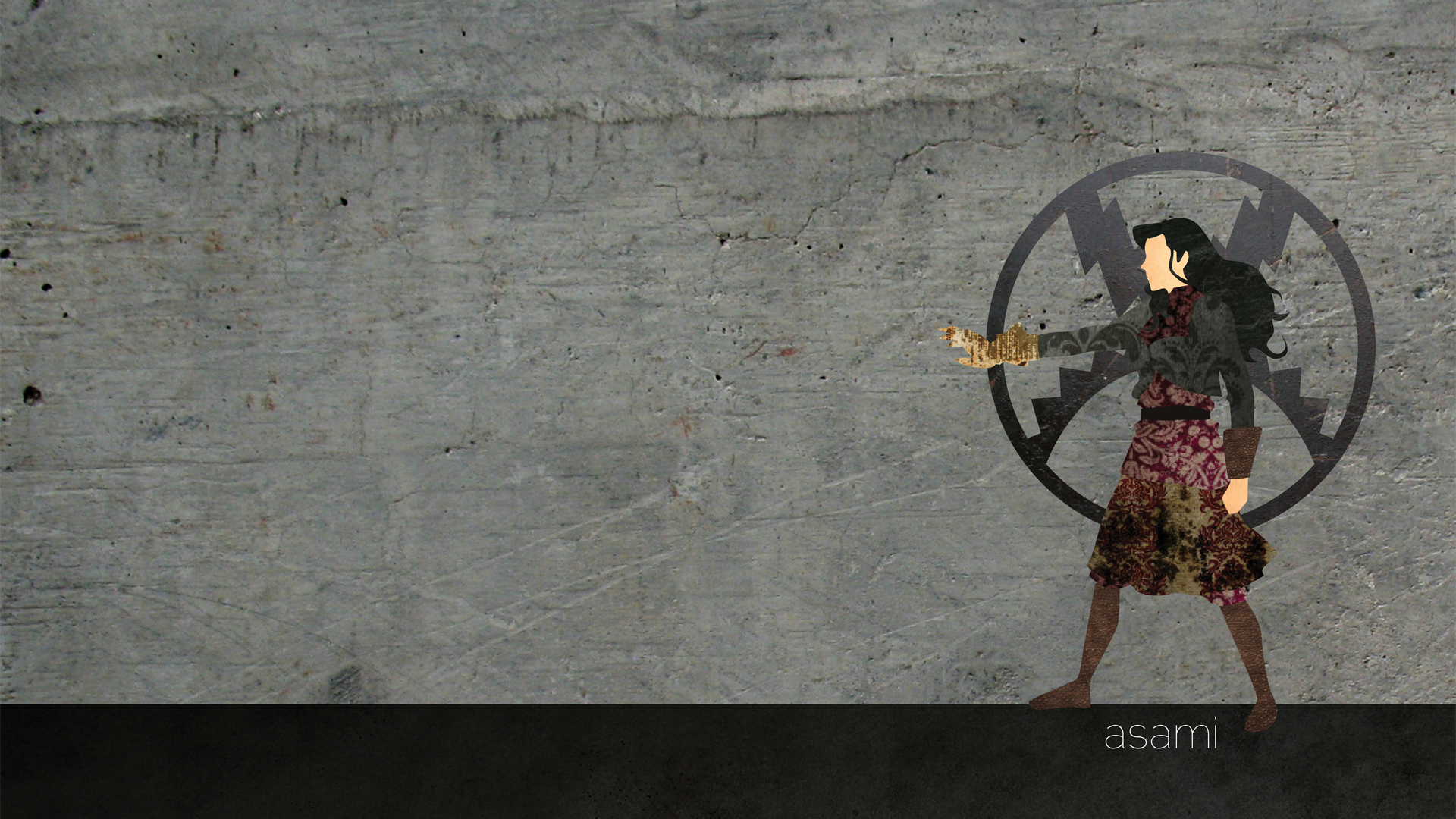 HD PC desktop wallpaper featuring Asami Sato from the anime Avatar: The Legend of Korra against a textured gray concrete wall background.