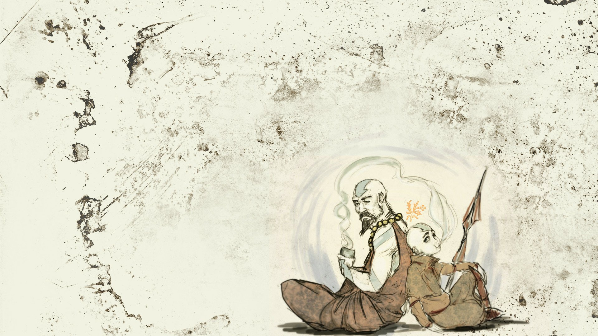 HD PC desktop wallpaper featuring an anime-style illustration from Avatar: The Legend of Korra, showing two characters sitting back-to-back with a textured, worn background.