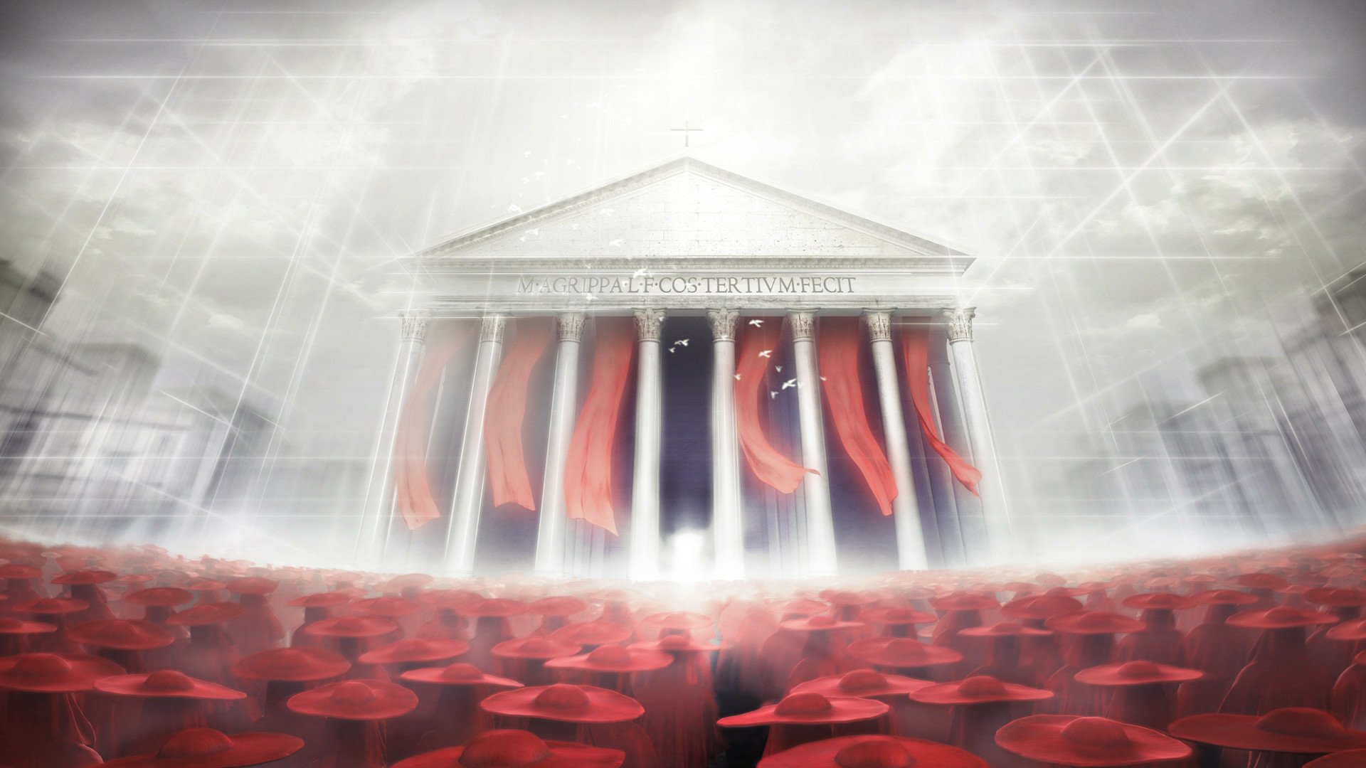 HD PC desktop wallpaper featuring a dramatic scene from the video game Assassin's Creed: Brotherhood with a grand temple and flowing red banners.