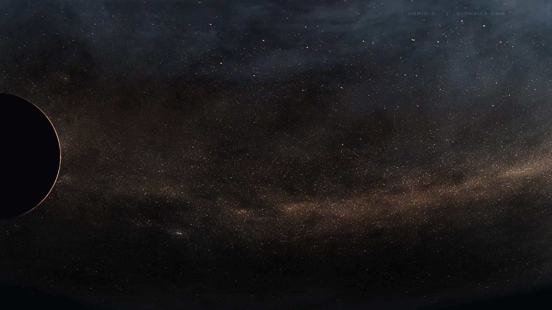 HD PC desktop wallpaper and background: nature-themed solar eclipse, a thin crescent sun at left against a dark starfield and cloudy Milky Way stretching across the sky.