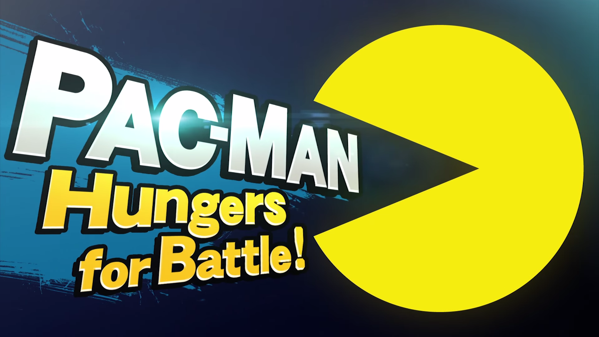 HD PC desktop wallpaper featuring Pac-Man from Super Smash Bros. for Nintendo 3DS and Wii U with bold text Pac-Man Hungers for Battle! on a dark background.