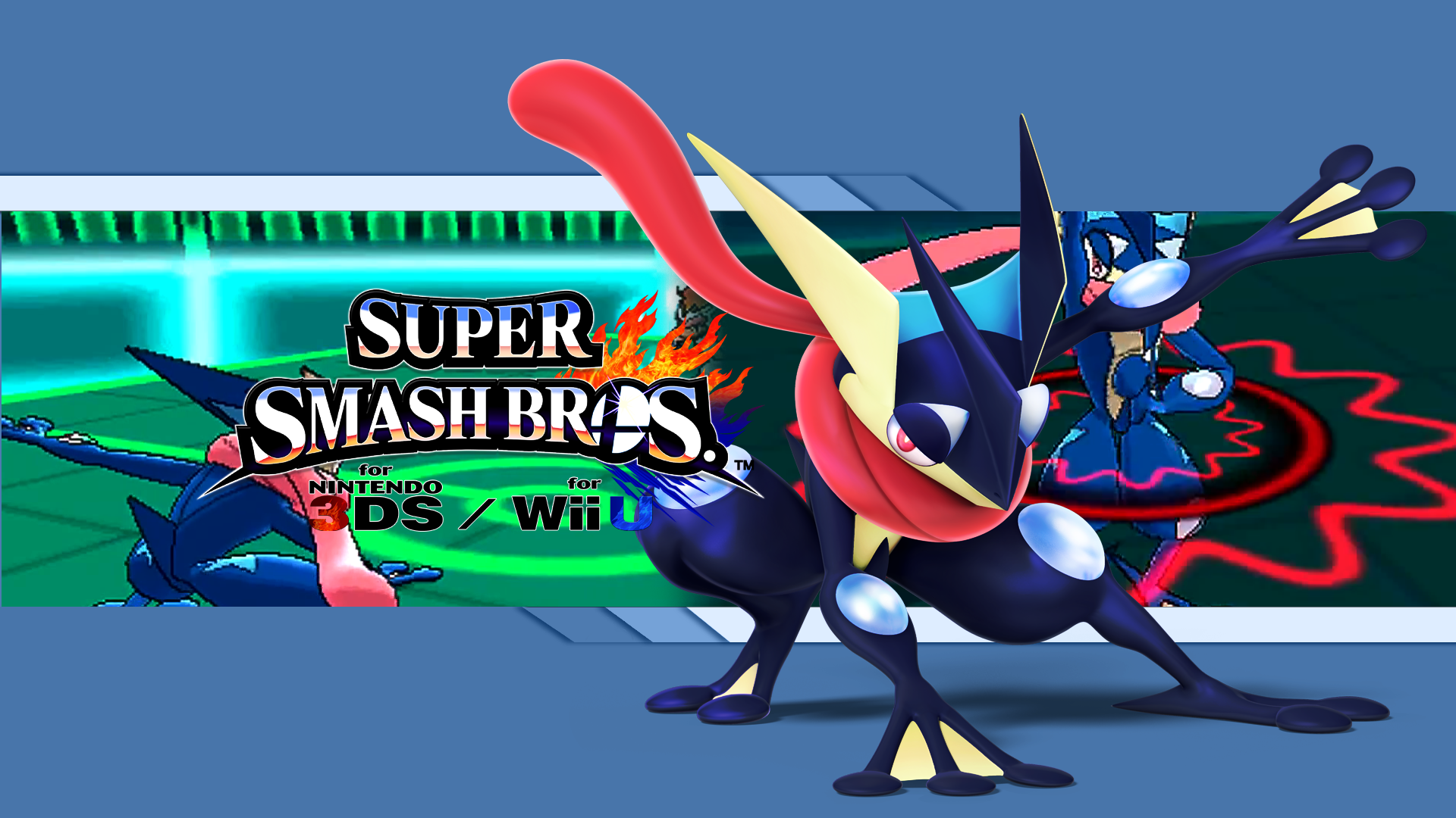 HD PC desktop wallpaper featuring Greninja from Super Smash Bros. for Nintendo 3DS and Wii U in a dynamic battle scene.