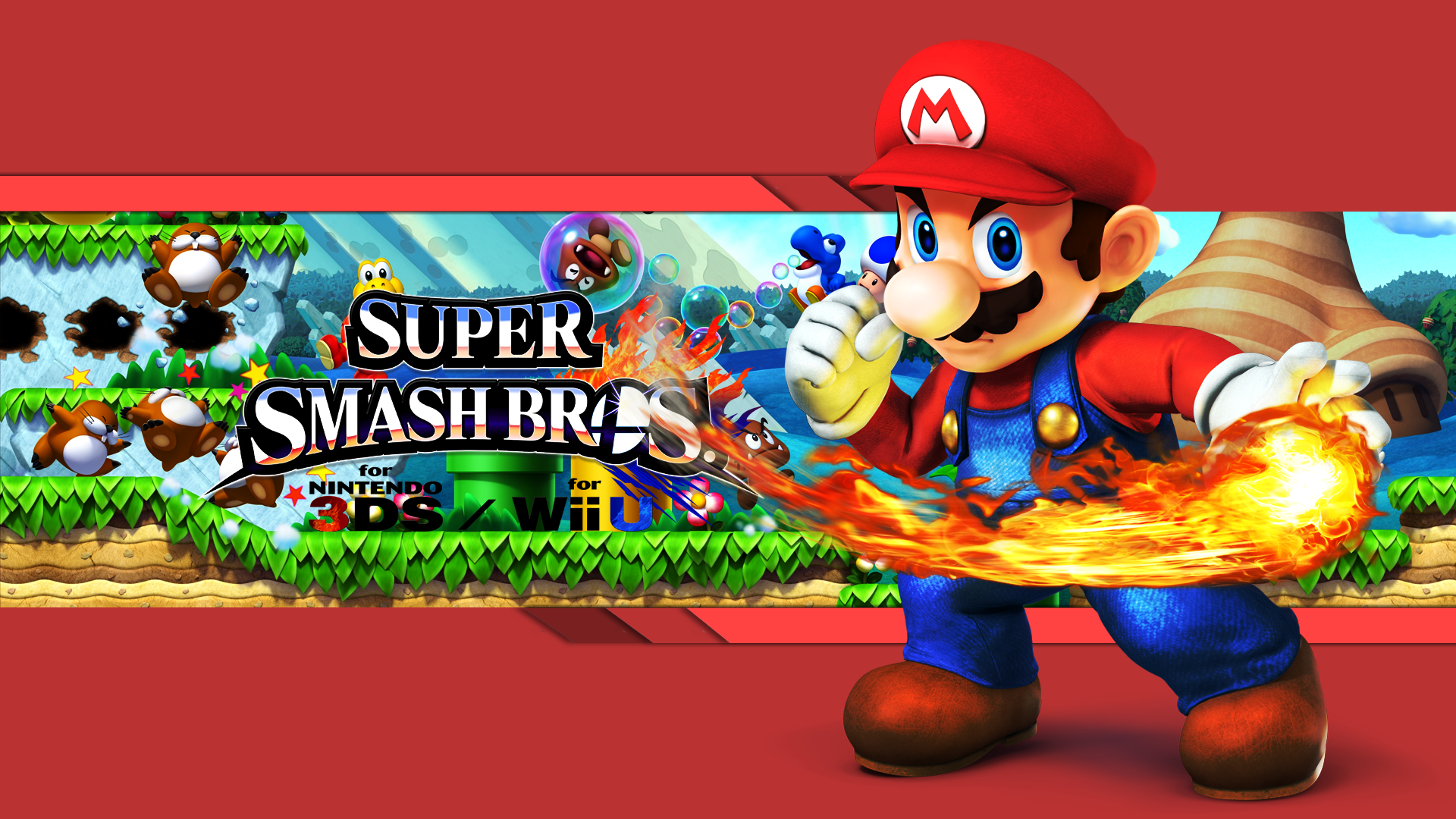 HD PC desktop wallpaper featuring Mario unleashing a fiery punch from Super Smash Bros. for Nintendo 3DS and Wii U with vibrant game-themed background.