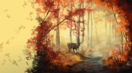 A 4K Ultra HD artistic painting of a forest road with vibrant autumn trees and a deer standing calmly in the misty background, creating a serene desktop wallpaper.