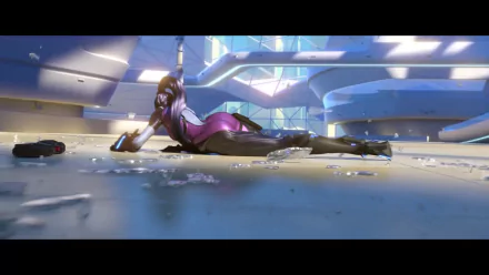 HD PC wallpaper featuring Widowmaker from the video game Overwatch, depicted in a dynamic pose within a futuristic environment.