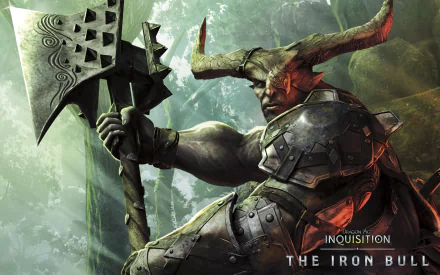HD desktop wallpaper featuring The Iron Bull from the video game Dragon Age: Inquisition, showcasing the armored warrior wielding a massive axe in a forest setting.