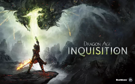 A stunning HD wallpaper from the video game Dragon Age: Inquisition, featuring a heroic figure confronting a powerful dragon amidst a dramatic, mystical landscape.