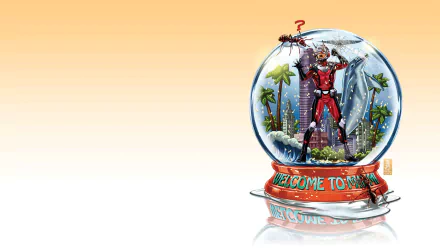 HD comic-style desktop wallpaper featuring Ant-Man trapped inside a snow globe with a curious ant on top, set against a soft gradient background.