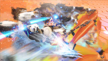 Action-packed HD wallpaper featuring Tracer from Overwatch, showcasing her dynamic movement and iconic dual pulse pistols against a vibrant, explosive background.