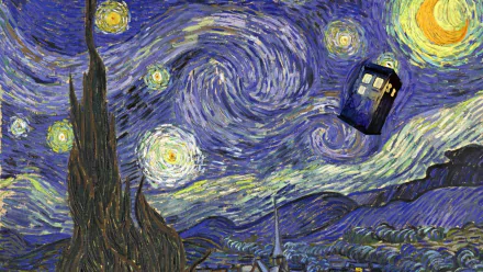 A captivating HD desktop wallpaper featuring the TARDIS from Doctor Who (2005) soaring through a starry night inspired by Vincent van Gogh's iconic artwork.