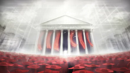 HD PC desktop wallpaper featuring a dramatic scene from the video game Assassin's Creed: Brotherhood with a grand temple and flowing red banners.