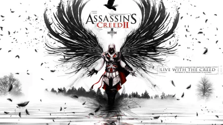 HD PC desktop wallpaper featuring Assassin's Creed II with a central hooded figure, stylized black wings, and a monochrome landscape background.