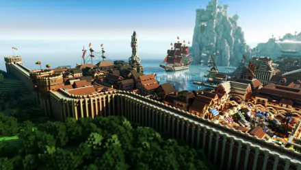 HD desktop wallpaper and background featuring a detailed Minecraft village with a tall wall, ships docked at a harbor, and lush greenery in the foreground.