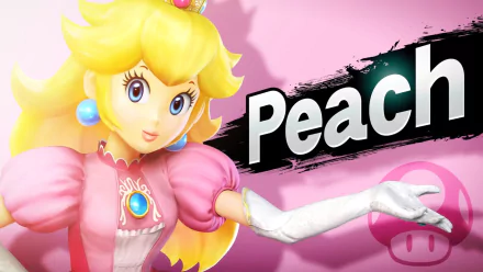 HD PC desktop wallpaper of Princess Peach from Super Smash Bros. for Nintendo 3DS and Wii U, pink backdrop with Peach posing and the Peach name logo.