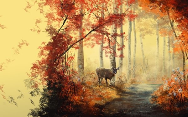 Artistic Painting Deer Forest Tree Road HD Wallpaper | Background Image