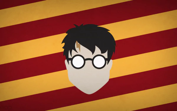 A minimalist HD wallpaper featuring Harry Potter's iconic glasses and scar against a Gryffindor-inspired red and yellow striped background.