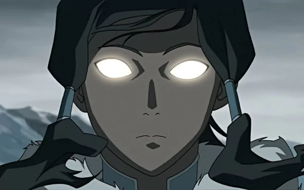 HD PC desktop wallpaper featuring an intense scene from the anime Avatar: The Legend of Korra, showcasing Korra with glowing white eyes against a muted background.