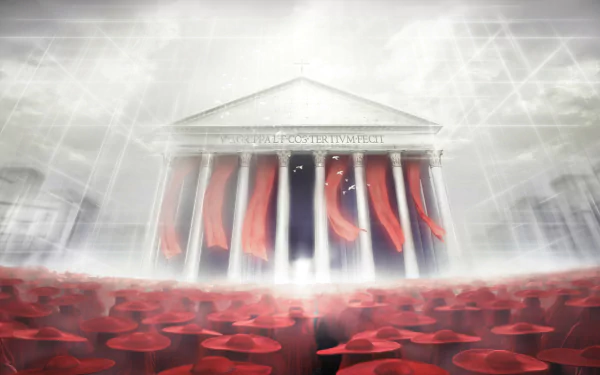 HD PC desktop wallpaper featuring a dramatic scene from the video game Assassin's Creed: Brotherhood with a grand temple and flowing red banners.