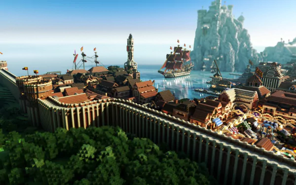 HD desktop wallpaper and background featuring a detailed Minecraft village with a tall wall, ships docked at a harbor, and lush greenery in the foreground.
