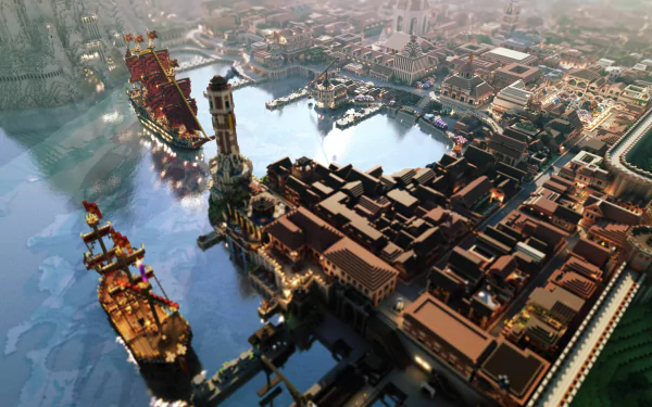 A stunning 4K Ultra HD wallpaper featuring a sprawling Minecraft cityscape, complete with intricate buildings, bustling docks, and majestic ships gliding on serene waters.