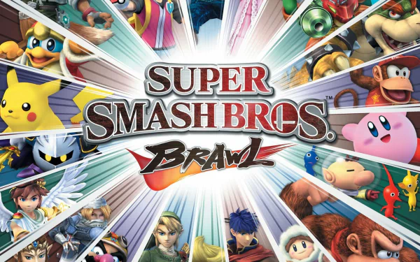 HD PC desktop wallpaper of the video game Super Smash Bros. Brawl: central logo with a radial collage of iconic characters—Pikachu, Mario, Kirby, Link and others.