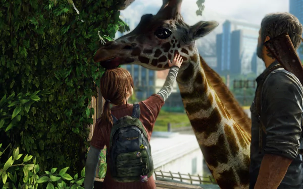 A scene from The Last of Us, featuring a young girl gently petting a giraffe in a post-apocalyptic cityscape, with lush greenery and a companion standing nearby. HD desktop wallpaper.