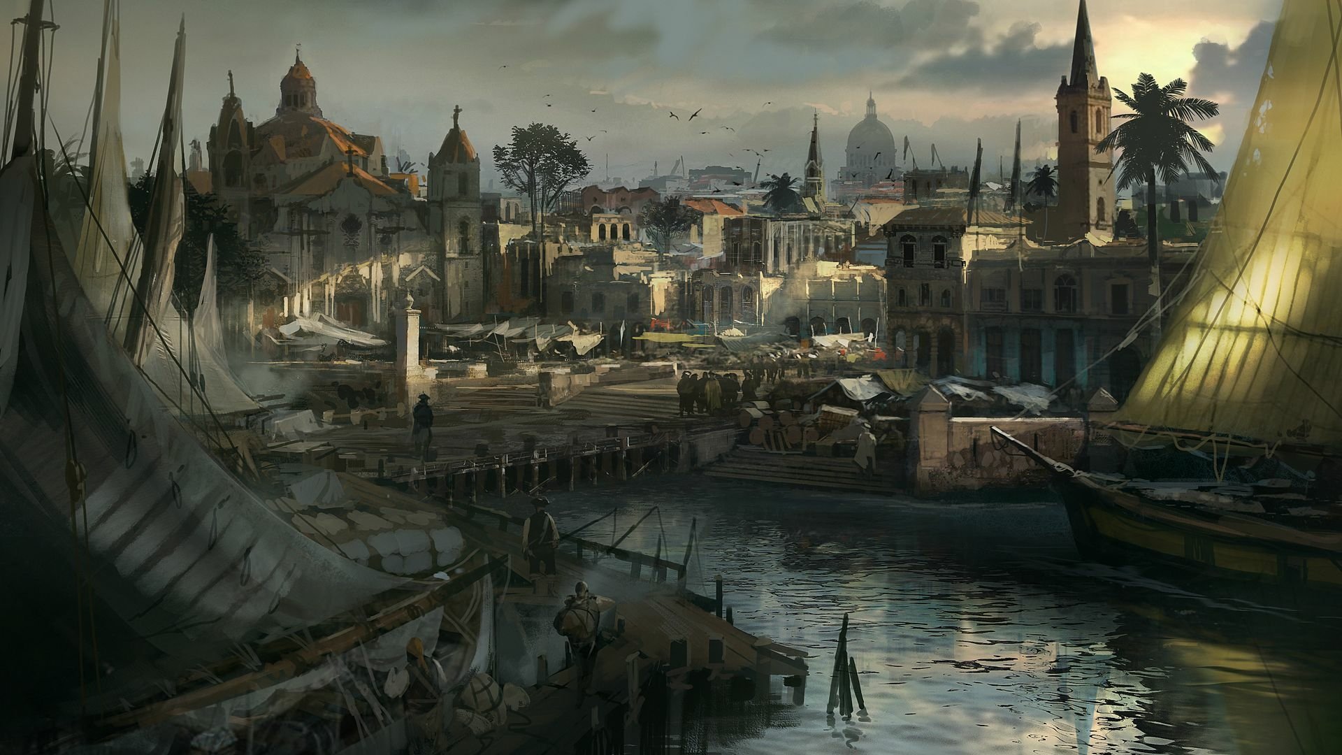HD PC desktop wallpaper showcasing a detailed harbor scene from the video game Assassin's Creed IV: Black Flag with ships, buildings, and a cloudy sky.