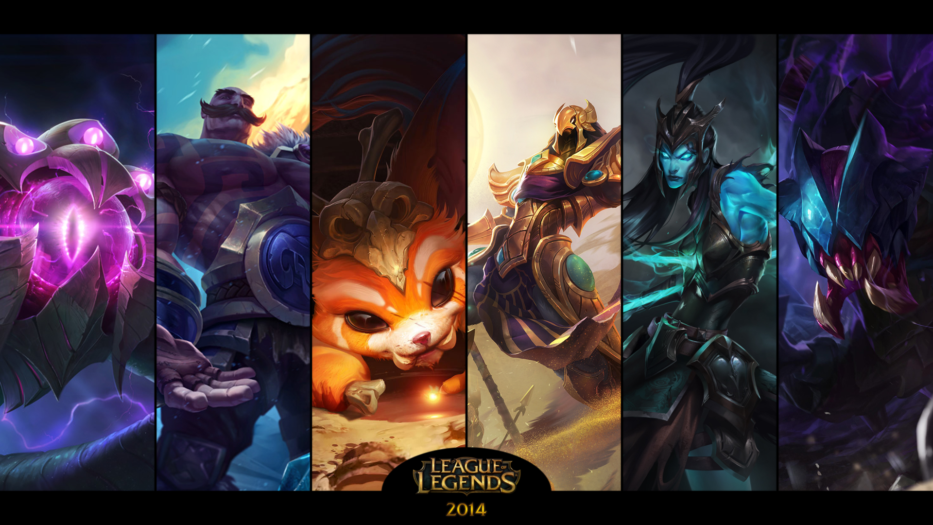 HD desktop wallpaper featuring League of Legends champions Rek'Sai, Kalista, Azir, Gnar, Braum, and Vel'Koz.