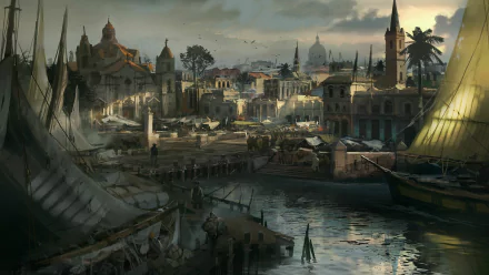 HD PC desktop wallpaper showcasing a detailed harbor scene from the video game Assassin's Creed IV: Black Flag with ships, buildings, and a cloudy sky.