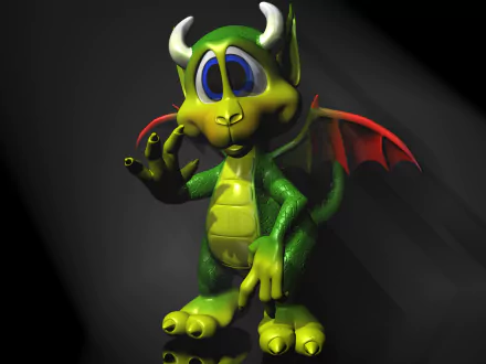 3D artistic cartoon dragon with green scales and red wings, rendered in high definition as a PC desktop wallpaper and background.