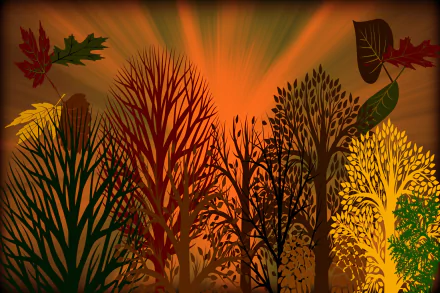 Abstract Thanksgiving-themed HD desktop wallpaper featuring stylized autumn trees and colorful falling leaves on a warm, glowing orange background.