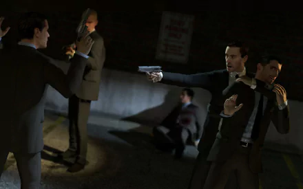HD PC desktop wallpaper from the video game Garry's Mod, depicting a tense standoff scene with characters in suits under dim lighting.