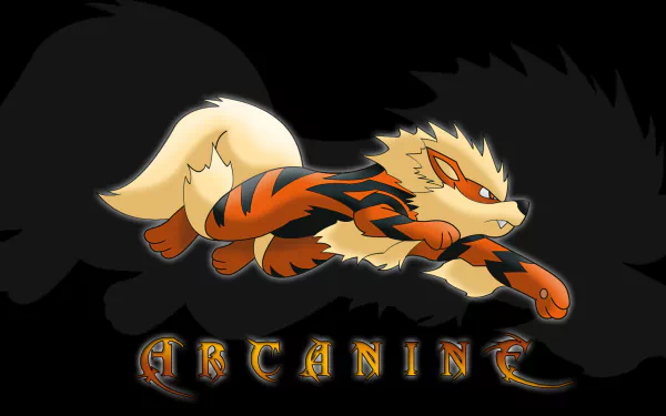 A vibrant HD wallpaper featuring Arcanine, a Pokémon known for its fierce appearance, set against a dark background with a shadow silhouette.