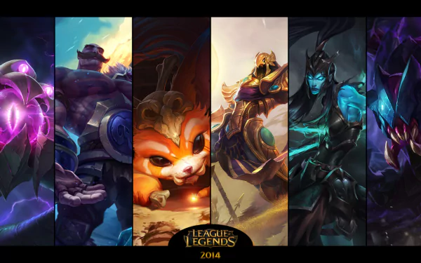 HD desktop wallpaper featuring League of Legends champions Rek'Sai, Kalista, Azir, Gnar, Braum, and Vel'Koz.