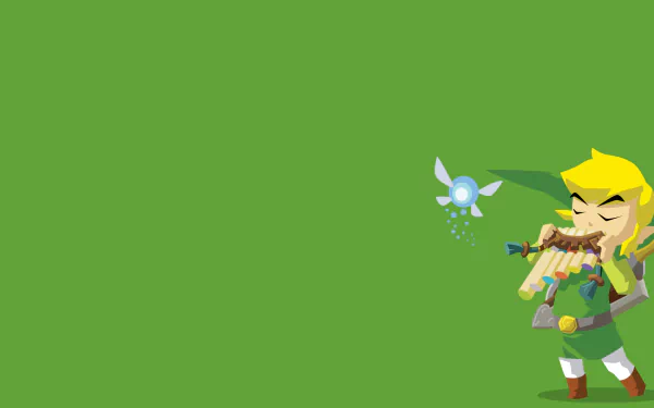 HD PC desktop wallpaper from the video game The Legend of Zelda: Phantom Hourglass showing Link playing a pan flute with fairy Neri on a green background.