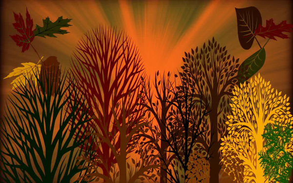 Abstract Thanksgiving-themed HD desktop wallpaper featuring stylized autumn trees and colorful falling leaves on a warm, glowing orange background.