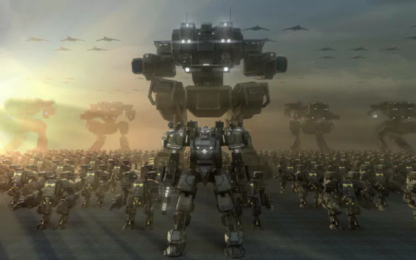 Video game Supreme Commander 2 2K Quad HD PC desktop wallpaper: massive row of towering mechs and troops advancing across a foggy battlefield beneath a golden sky.