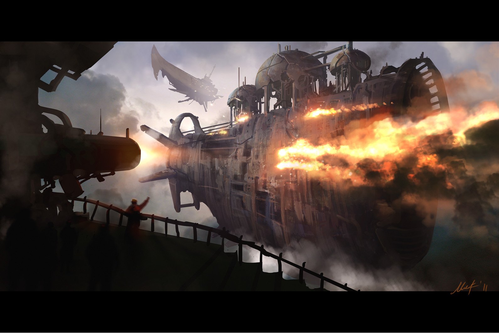 Sci-fi steampunk HD PC desktop wallpaper/background: a colossal armored airship unleashing fiery exhaust over a foggy industrial skyline, silhouetted figures watch from a dock.