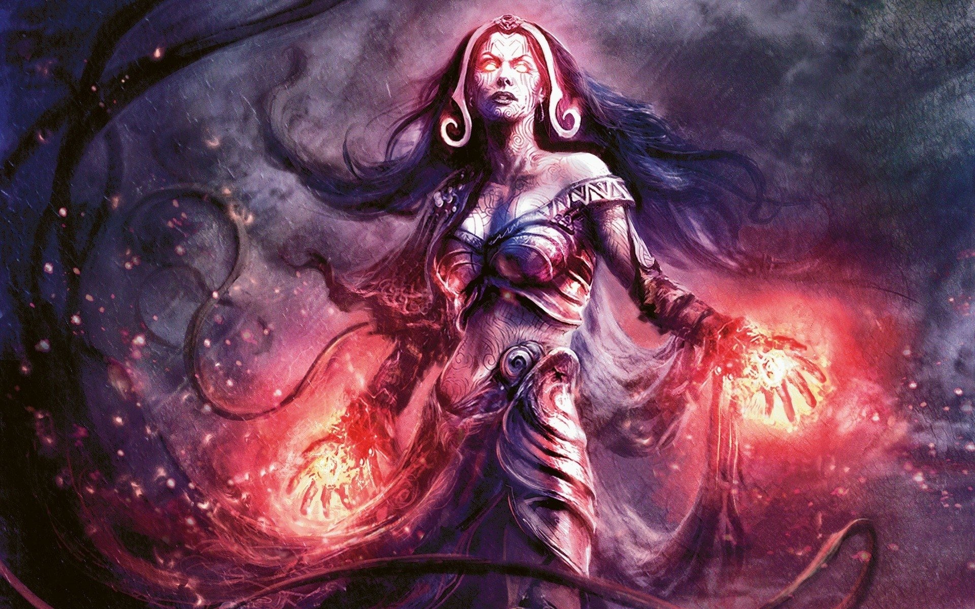 Man-made Magic: The Gathering HD PC desktop wallpaper of a sorceress, eyes glowing, hands conjuring red fire orbs, dark flowing hair and torn robes against a stormy mystical sky.