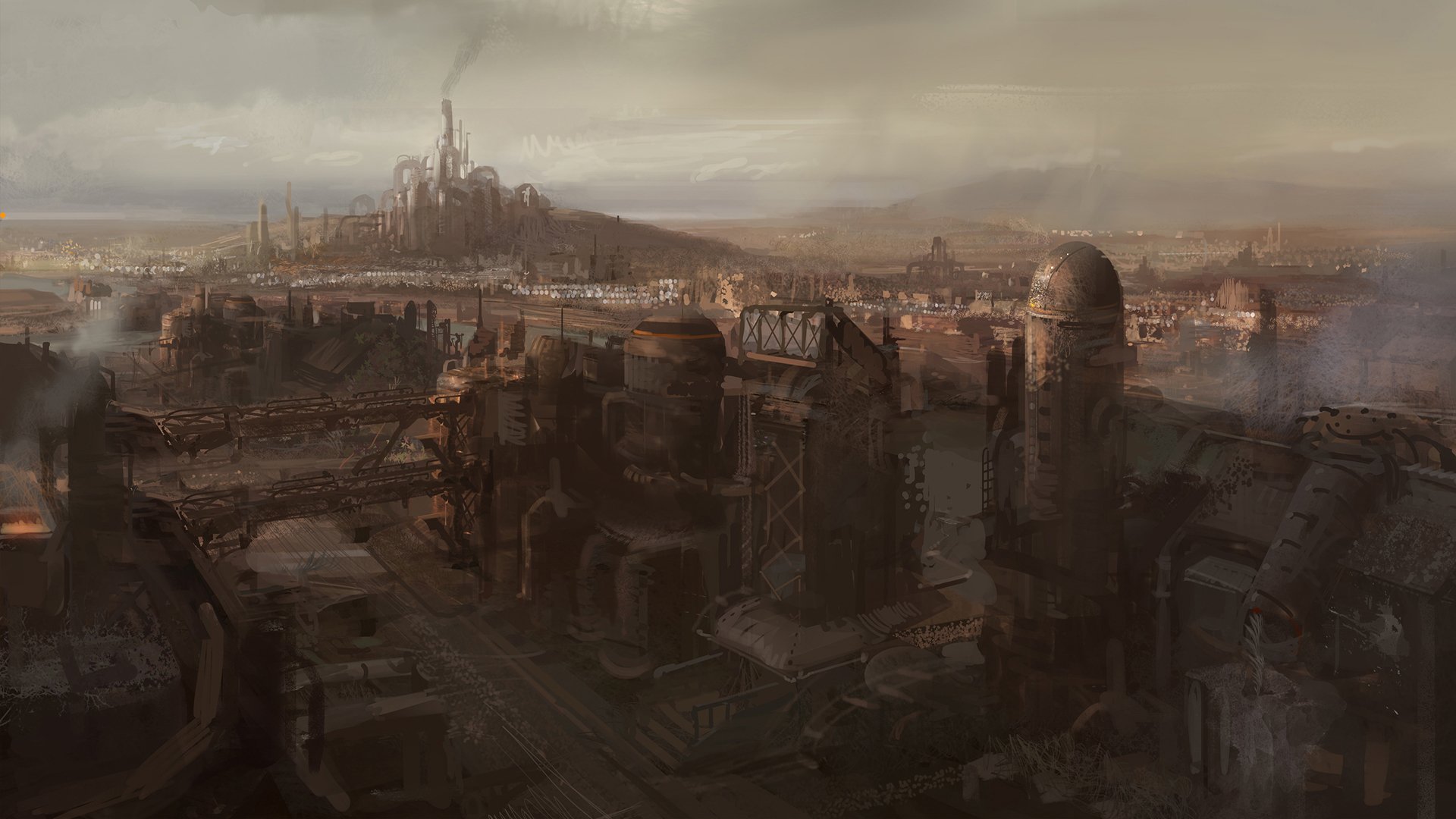 HD PC desktop wallpaper showcasing a sprawling industrial cityscape from the video game Black Gold Online under a cloudy sky.