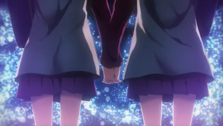 Two characters from the anime YuruYuri hold hands against a sparkling, starry background, creating a vibrant and emotional scene. This serves as a striking HD desktop wallpaper.