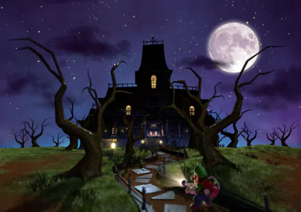 HD PC desktop wallpaper and background from the video game Luigi's Mansion — Luigi with flashlight and Poltergust faces a moonlit haunted mansion framed by gnarled trees under a purple sky.