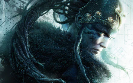 A striking HD wallpaper featuring Senua from Hellblade: Senua's Sacrifice, showcasing her intense expression and intricate design elements, perfect for any gaming desktop background.