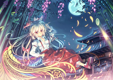 HD PC desktop wallpaper featuring Fujiwara no Mokou from Touhou, depicted with flowing hair and traditional attire against a vibrant night sky with a full moon and glowing petals.