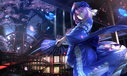 Yuyuko Saigyouji from Touhou stands gracefully in a beautiful, colorful anime setting, showcasing her elegant blue attire against a captivating background of lanterns and petals.